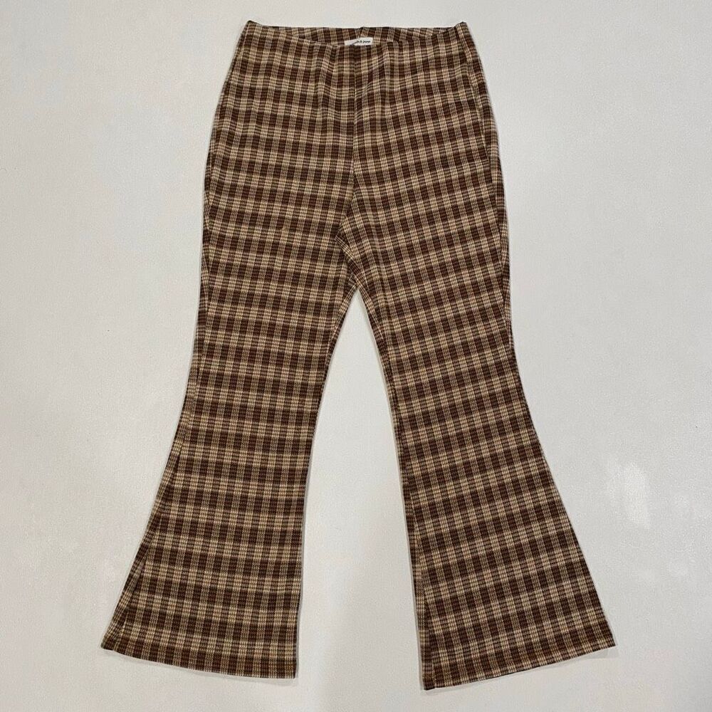 Stitch & Pine Brown Plaid Flare Pants Women’s Small Retro Bell Bottom Checkered